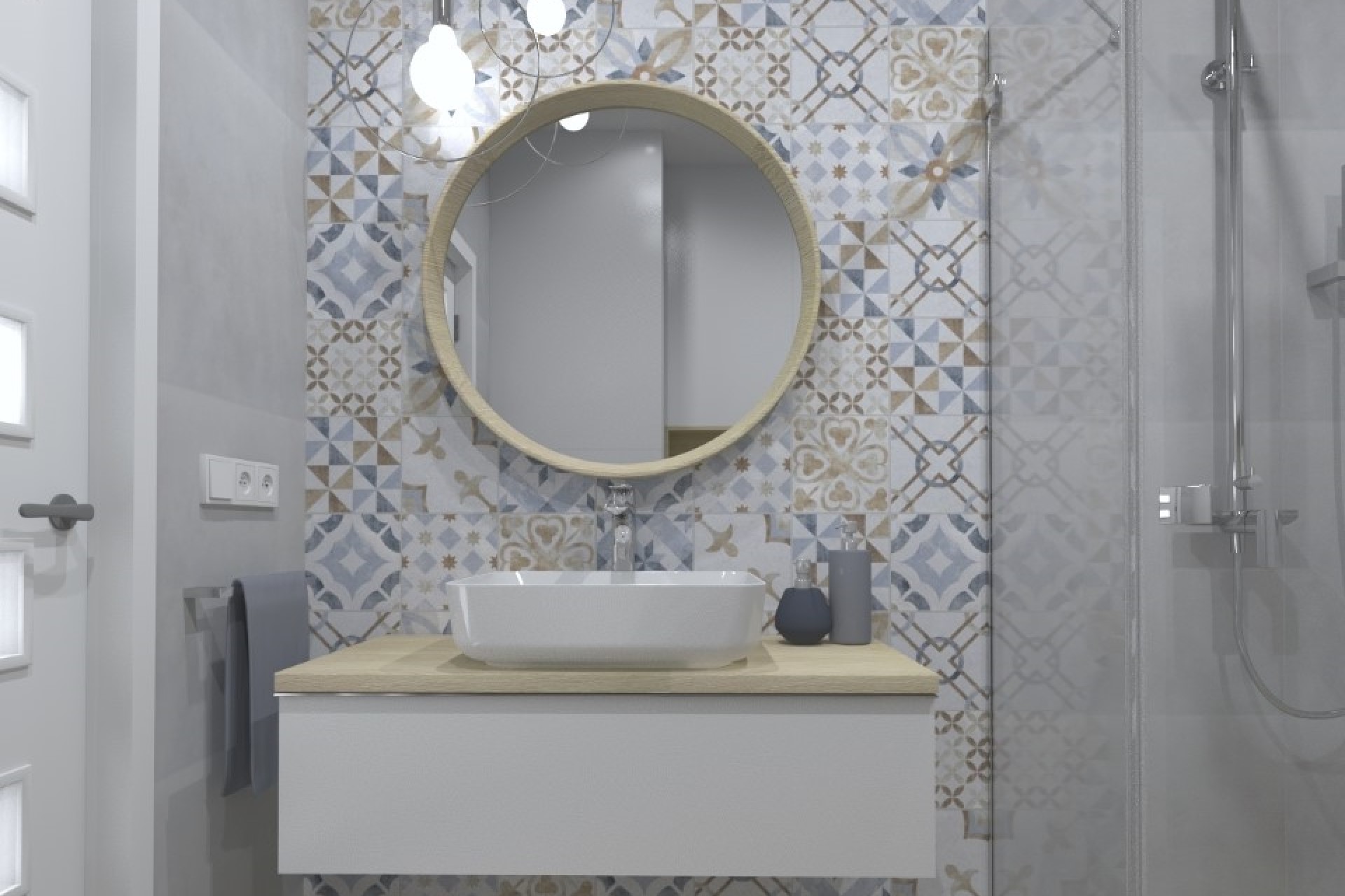 Łazienka odcienie beżu i brązu - projekt- wizualizacja- salon łazienek Lubar